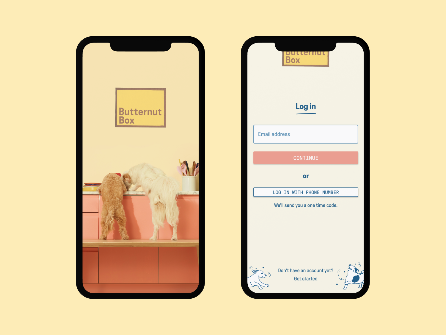 Splash and log in screens for a dog food subscription app.