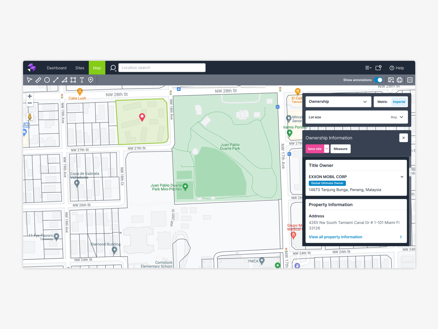 A page in a platform showing a map and a panel with ownership information.