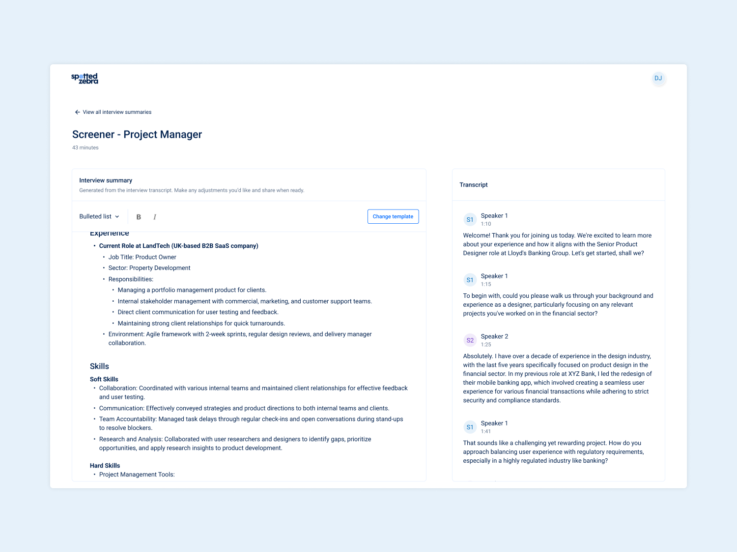 A page in a subscription as a service platform showing an interview summary and transcript.